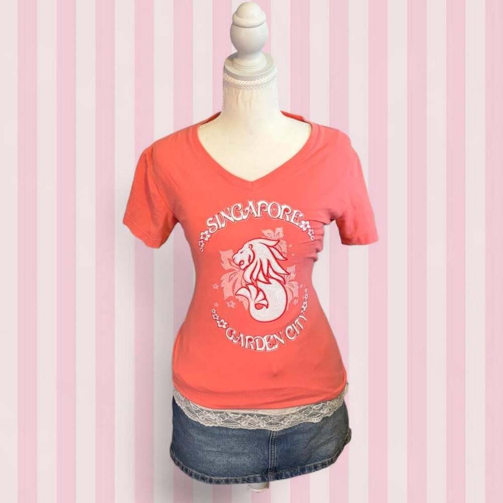 Y2K Singapore Garden City Merlion Coral Pink V-Neck Graphic Tee